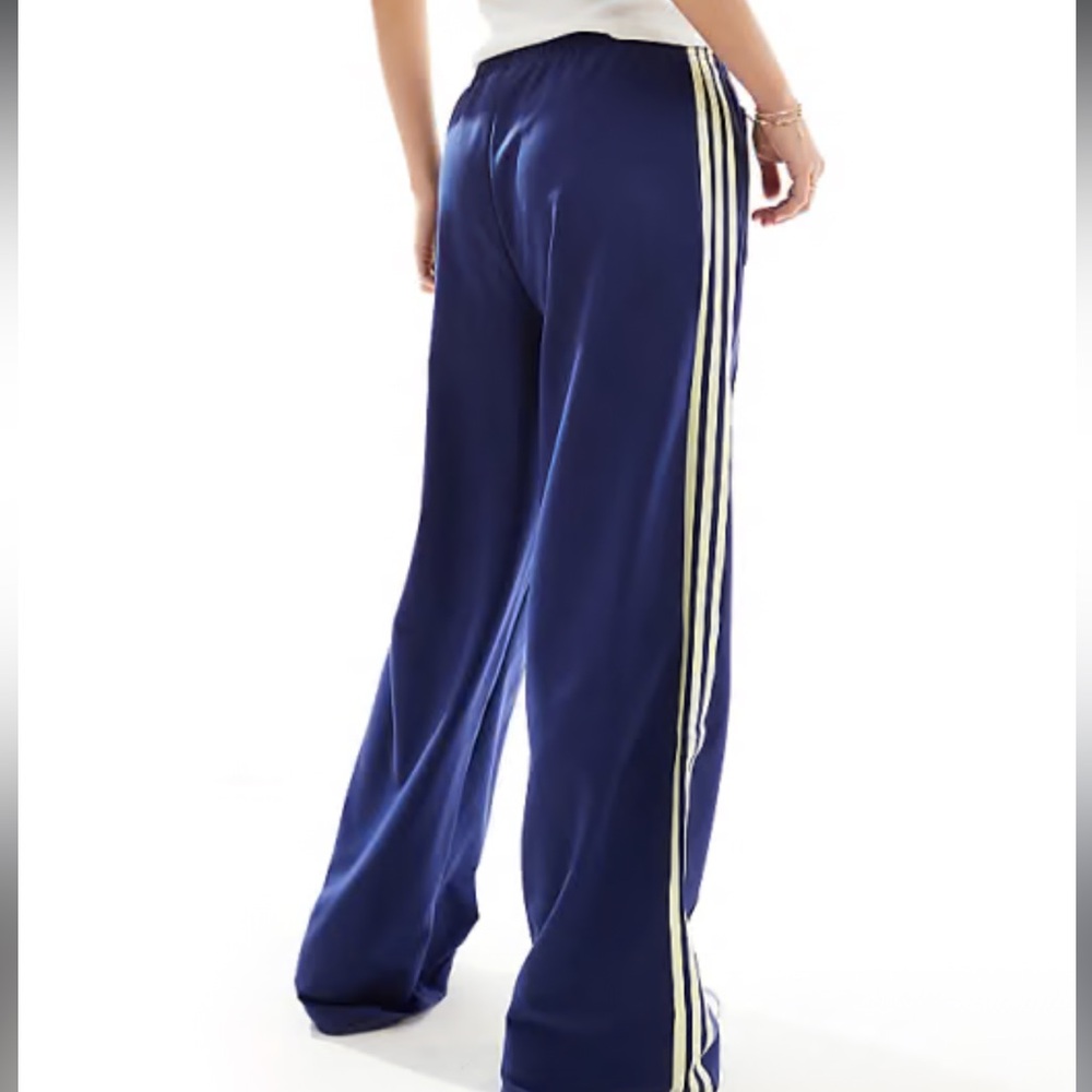 Navy Adidas Wide-Leg Track Pants with Yellow Stripes